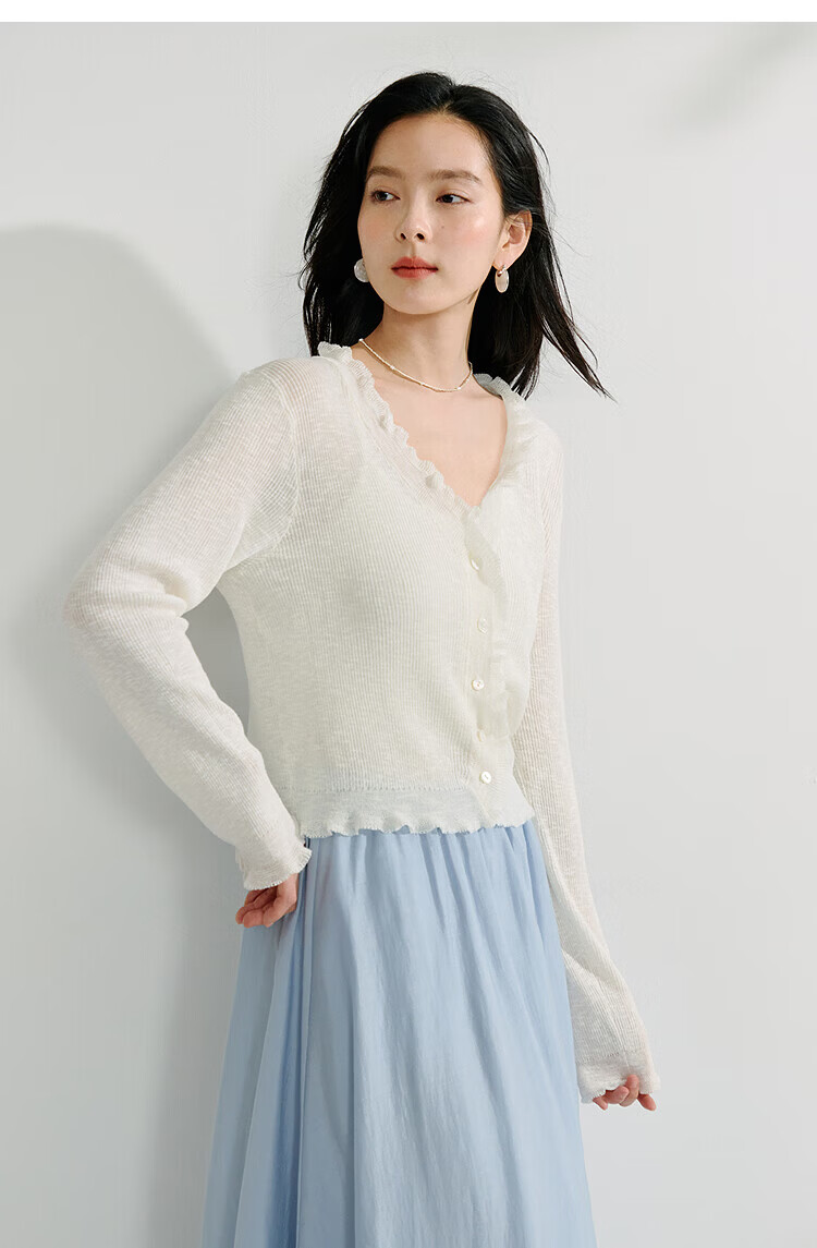 Inman Lotus Leaf V-Neck Lightweight Knit Cardigan Slim Fit Long Sleeve Top Vacation Style 26